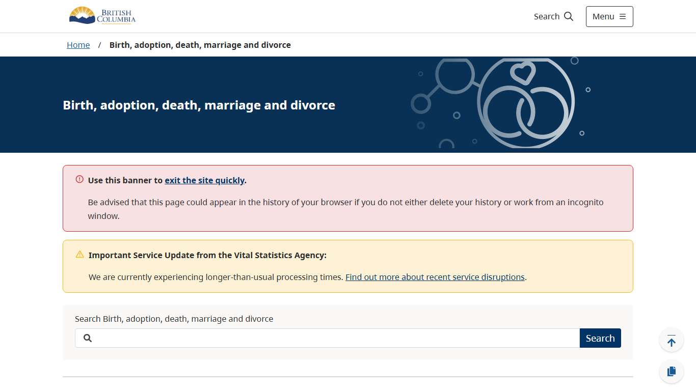 Birth, adoption, death, marriage and divorce - Province of British Columbia
